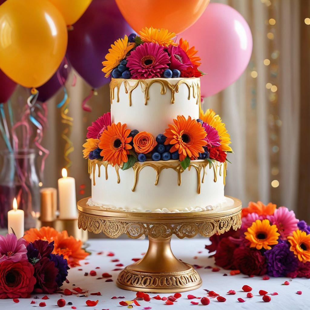 A beautifully decorated three-tier celebration cake featuring vibrant flowers and intricate designs, with a backdrop of a festive table setting adorned with colorful balloons and streamers. The scene should exude a sense of joy and indulgence, highlighting the cake's delicious textures and rich colors. Add elements like sparkling candles and glistening icing to enhance the celebration theme. super-realistic. vibrant colors. soft focus.