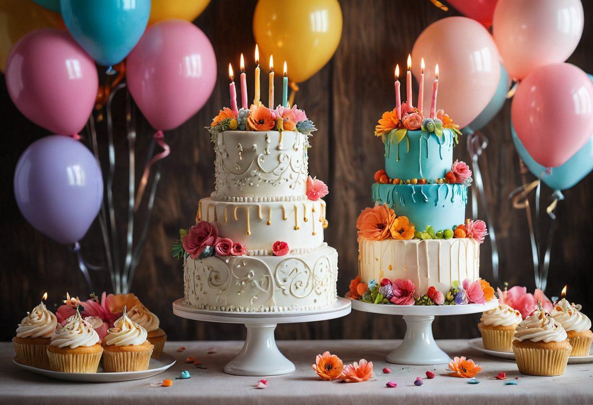 A stunning display of beautifully designed cakes representing different occasions: a whimsical birthday cake adorned with colorful candles, an elegant wedding cake with intricate floral details, and a charming cupcake tower. The background should feature festive decorations like balloons and flowers, creating a warm and inviting atmosphere. Bright and vibrant colors throughout to evoke joy and celebration. super-realistic. vibrant colors. soft focus.