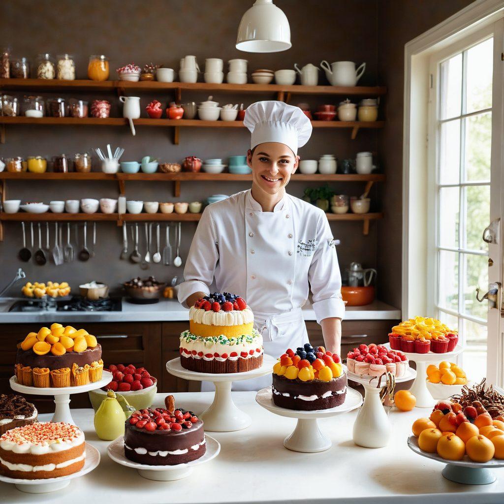 A whimsical dessert workshop filled with vibrant colors, showcasing a diverse array of beautifully decorated cakes, cupcakes, and pastries. A skilled pastry chef, wearing a white apron and a playful hat, is joyfully crafting a multi-layered cake, surrounded by colorful sprinkles, fresh fruits, and chocolate drizzles. The background features a sunlit kitchen with hanging utensils and jars filled with ingredients. The overall atmosphere is warm, inviting, and filled with creativity and sweetness. super-realistic. vibrant colors. soft focus.